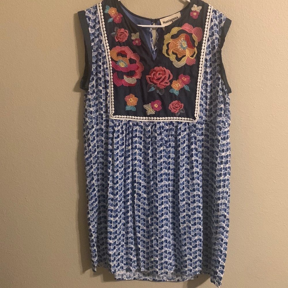 Savanna Jane blue sleeveless embroidered tunic dress L